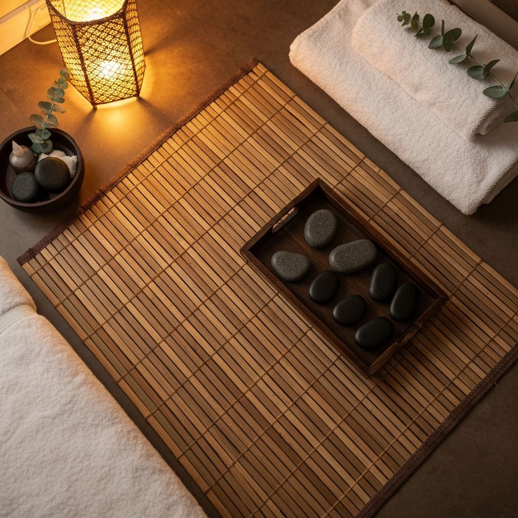 Tranquil massage therapy setting — spa stones and eucalyptus on a wooden tray